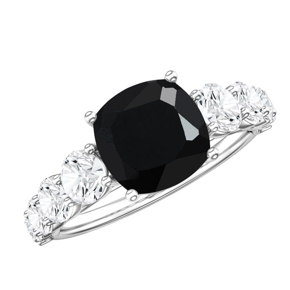 Rosec Jewels Lab Grown Black Diamond Cushion Cut Engagement Ring with Side Stones - 2.8 Ct - AAAA Grade - with Jewelry Box, 925 Sterling Silver, US 4.00