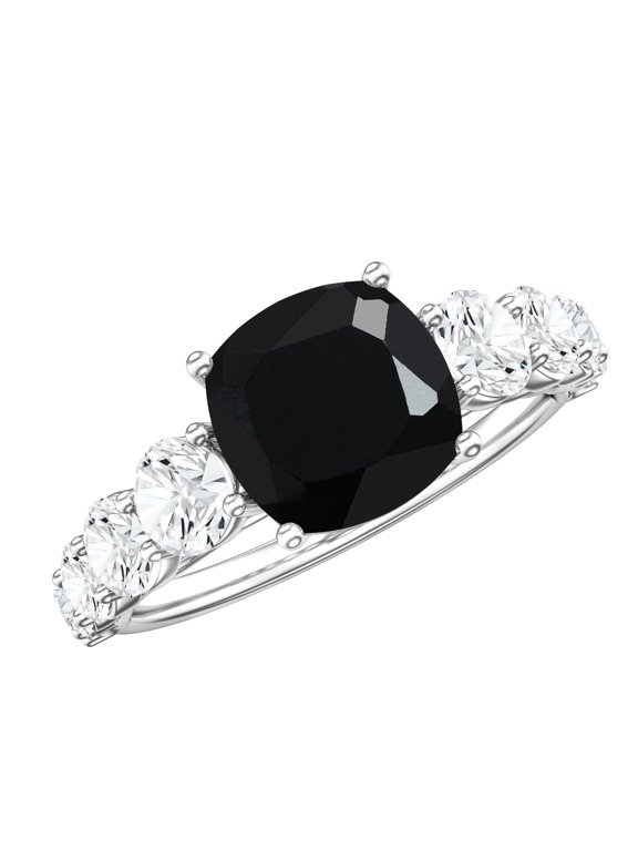 Lab Grown Black Diamond Cushion Cut Engagement Ring with Side Stones - 2.8 Ct - AAAA Grade - with Jewelry Box, 925 Sterling Silver, US 4.00