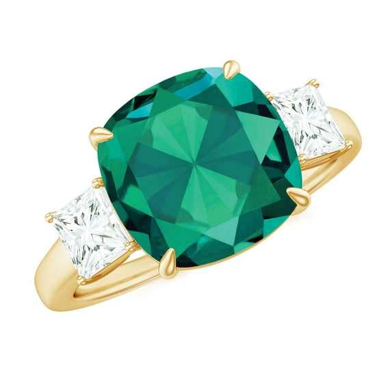 Rosec Jewels Cushion Cut Lab Grown Emerald Solitaire Ring with Moissanite - AAAA Quality (10 mm), 14K Yellow Gold, US 11.00