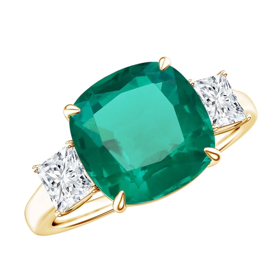 Rosec Jewels Cushion Cut Lab Grown Emerald Solitaire Ring with Moissanite - AAAA Quality (10 mm), 14K Yellow Gold, US 11.00