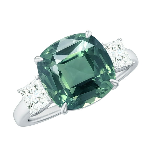 Rosec Jewels Cushion Cut Lab Grown Green Sapphire Solitaire Ring with Moissanite - AAAA Quality, 10K White Gold, US 5.00