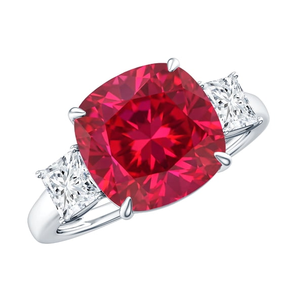 Rosec Jewels Lab Grown Ruby Cushion Cut Engagement Ring - 10 mm - AAAA Grade - Certified Ruby Statement Ring with Moissanite, 14K White Gold, US 7.50