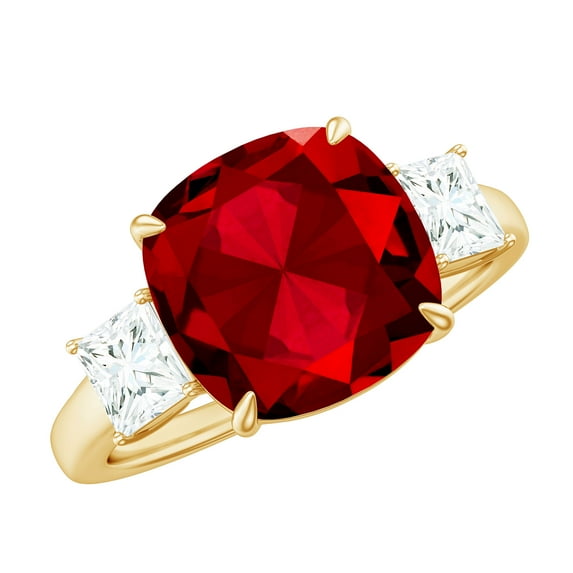 Rosec Jewels Cushion Cut Lab Grown Ruby Solitaire Ring with Moissanite - 10 mm - AAAA Grade, 18K Yellow Gold, US 13.00