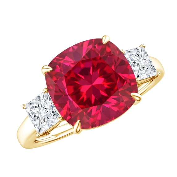 Rosec Jewels Lab Grown Ruby Cushion Cut Engagement Ring - 10 mm - AAAA Grade - Certified Ruby Statement Ring with Moissanite, 18K Yellow Gold, US 3.50