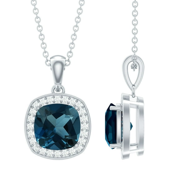 Rosec Jewels London Blue Topaz Pendant Necklace - 8 mm Cushion Cut - Blue Topaz Diamond Necklace - AAA Grade - with Jewelry Box, 10K White Gold