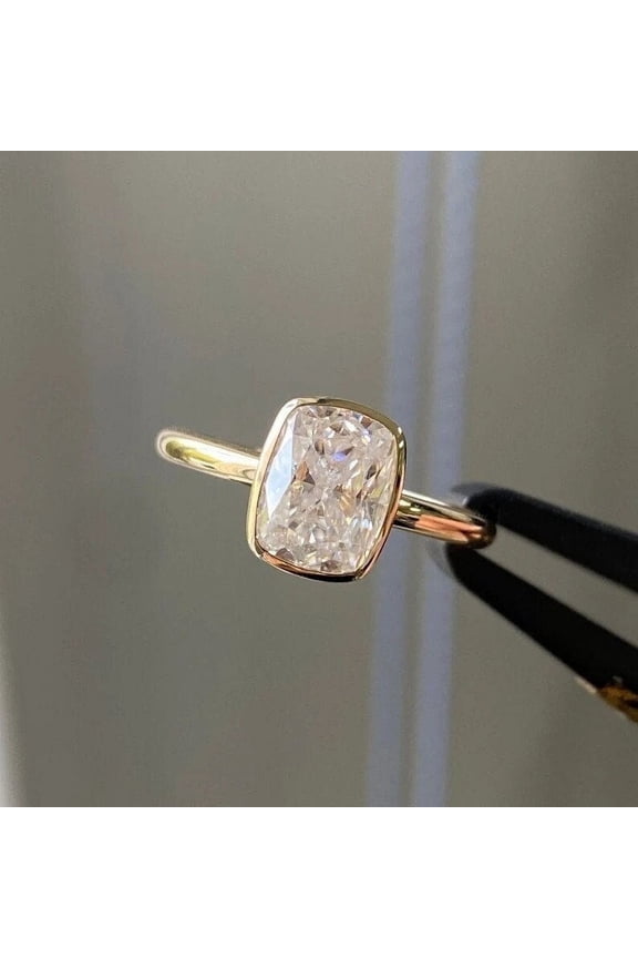 Cushion Cut Moissanite Engagement Ring Solitaire Gold Plated Bridal Ring Anniversary Gift Rings Bezel Set Promise Ring For Women