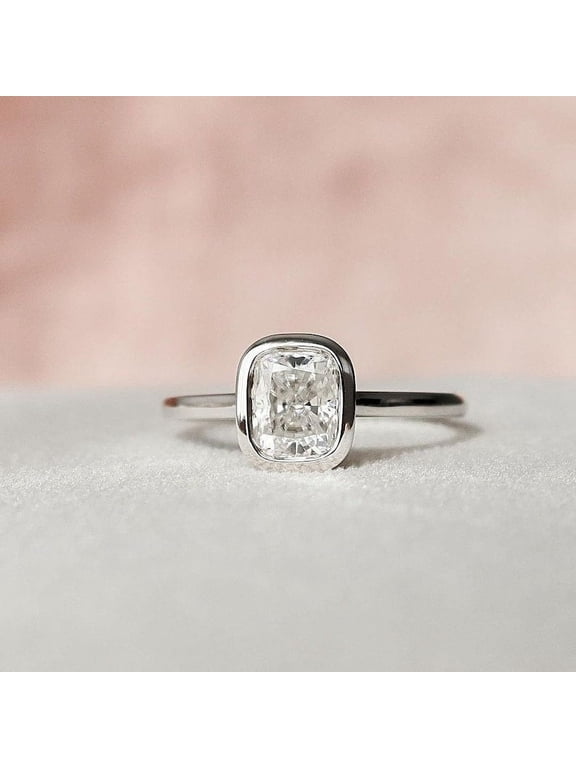 Cushion Cut Moissanite Engagement Ring Solitaire Solid Silver Anniversary Gift Rings Moissanite Bezel Set Promise Ring For Women