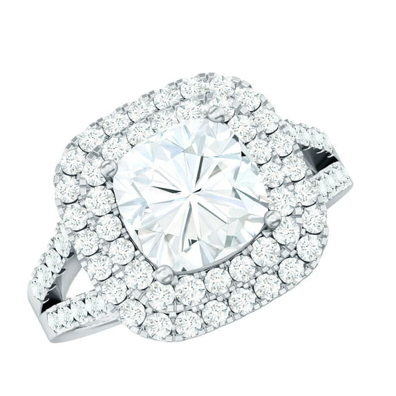 Rosec Jewels Moissanite Cushion Cut Engagement Ring (D-VS1 Quality Certified) - Vintage Style Double Halo Ring for Women, 10K White Gold, US 8.00