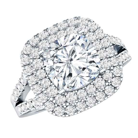 Rosec Jewels Moissanite Cushion Cut Engagement Ring (D-VS1 Quality Certified) - Vintage Style Double Halo Ring for Women, 14K White Gold, US 8.50