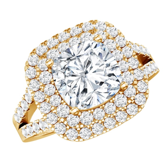 Rosec Jewels Moissanite Cushion Cut Engagement Ring (D-VS1 Quality Certified) - Vintage Style Double Halo Ring for Women, 18K Yellow Gold, US 8.00