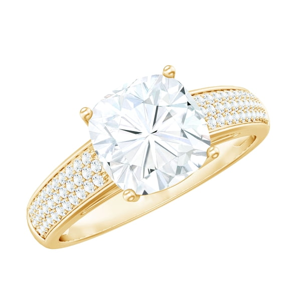 Rosec Jewels Cushion Cut Moissanite Engagement Ring with Side Stones (8 mm, 3 Carat, D-VS1 Quality Certified) - with Jewelry Box, 18K Yellow Gold, US 4.00
