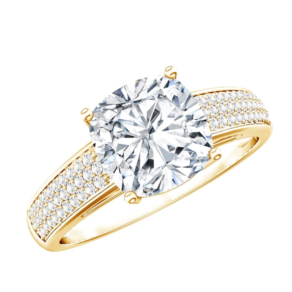 Rosec Jewels Cushion Cut Moissanite Engagement Ring with Side Stones (8 mm, 3 Carat, D-VS1 Quality Certified) - with Jewelry Box, 18K Yellow Gold, US 7.00