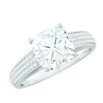 Rosec Jewels Cushion Cut Moissanite Engagement Ring with Side Stones (8 mm, 3 Carat, D-VS1 Quality Certified) - with Jewelry Box, 925 Sterling Silver, US 4.00