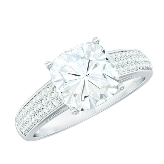 Rosec Jewels Cushion Cut Moissanite Engagement Ring with Side Stones (8 mm, 3 Carat, D-VS1 Quality Certified) - with Jewelry Box, 925 Sterling Silver, US 8.00