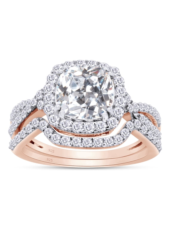 Moissanite Diamond Halo Ring Twist Split Shank Engagement Bridal Ring Set 14K Rose Gold Over Silver-9