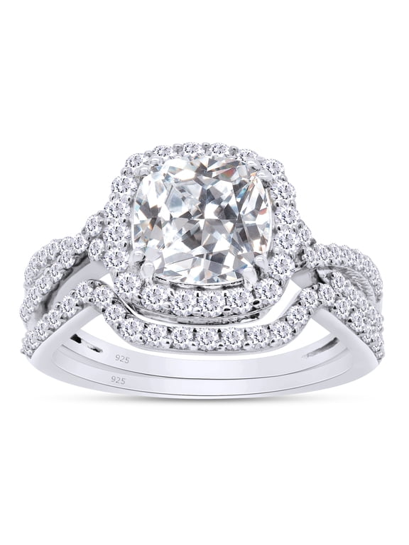 Moissanite Diamond Halo Ring Twist Split Shank Engagement Bridal Ring Set 14K White Gold Over Silver-7