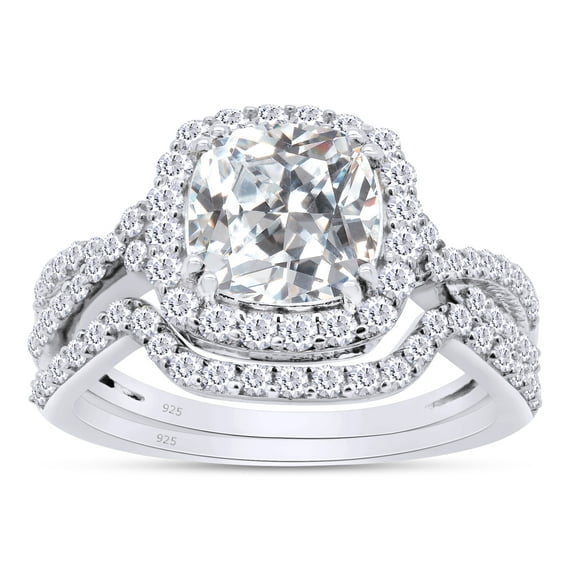 AFFY Moissanite Diamond Halo Ring Twist Split Shank Engagement Bridal Ring Set 14K White Gold Over Silver-7.5