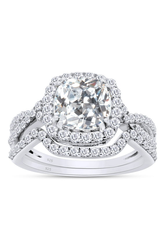 Moissanite Diamond Halo Ring Twist Split Shank Engagement Bridal Ring Set 14K White Gold Over Silver-6.5