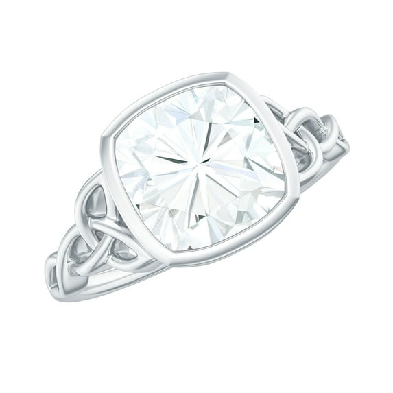 Rosec Jewels Certified Moissanite Cushion Cut Engagement Ring 3 Ct - Celtic Knot Ring Bezel Set - 8 mm - D-VS1 Quality, 925 Sterling Silver, US 3.00