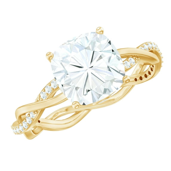 Rosec Jewels Cushion Cut Moissanite Ring for Engagement - Designer Ring (8 mm, 3 Carat, D-VS1 Quality Certified), 10K Yellow Gold, US 6.50