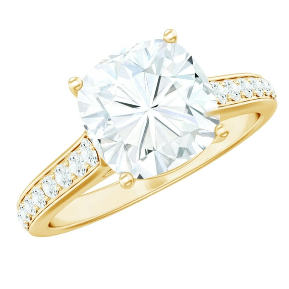Rosec Jewels Moissanite Engagement Ring with Side Stones - 3 Carat Moissanite Ring - 8 mm Cushion Cut Ring - D-VS1 Grade, 10K Yellow Gold, US 4.50