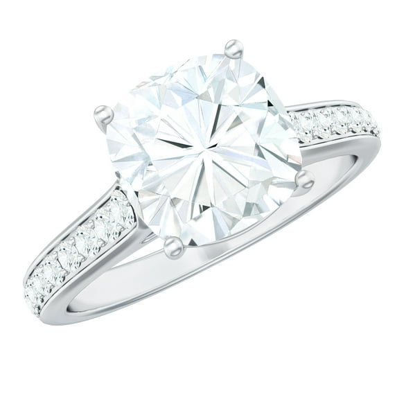 Rosec Jewels Moissanite Engagement Ring with Side Stones - 3 Carat Moissanite Ring - 8 mm Cushion Cut Ring - D-VS1 Grade, 14K White Gold, US 7.00
