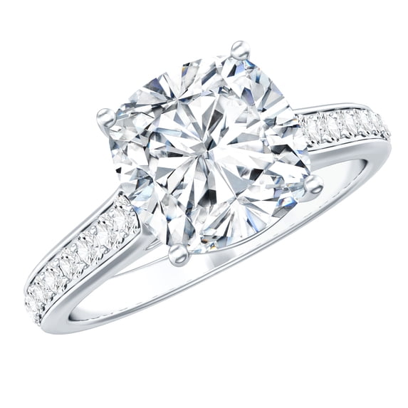 Rosec Jewels Moissanite Engagement Ring with Side Stones - 3 Carat Moissanite Ring - 8 mm Cushion Cut Ring - D-VS1 Grade, 14K White Gold, US 7.00