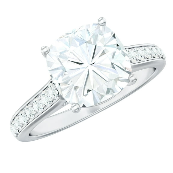 Rosec Jewels Moissanite Engagement Ring with Side Stones - 3 Carat Moissanite Ring - 8 mm Cushion Cut Ring - D-VS1 Grade, 925 Sterling Silver, US 4.00