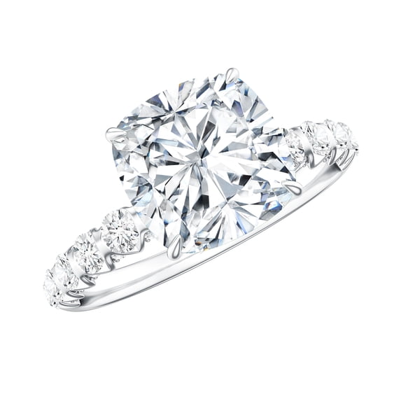 Rosec Jewels Cushion Cut Moissanite Solitaire Engagement Ring with Side Stones (3 Carat, D-VS1 Quality) - Jewelry Box Included, 10K White Gold, US 5.00
