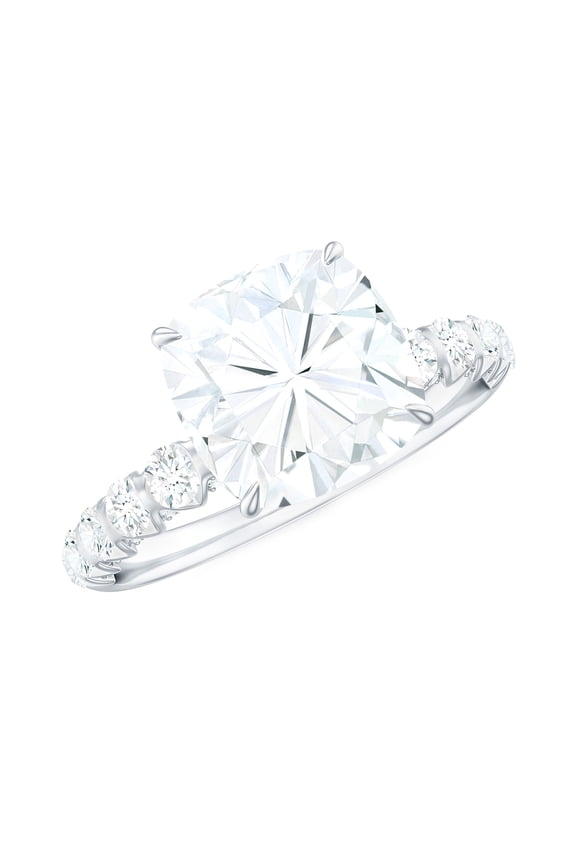 Cushion Cut Moissanite Solitaire Engagement Ring with Side Stones (8 mm, 3 ct), 14K White Gold, US 7.00