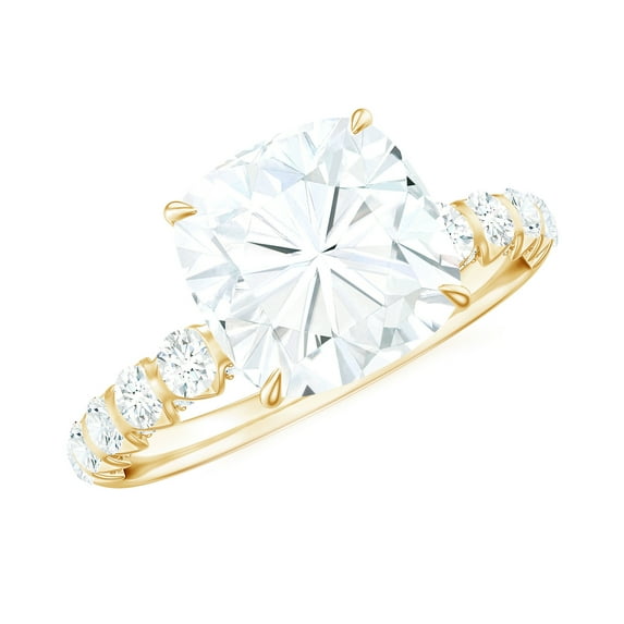 Rosec Jewels Cushion Cut Moissanite Solitaire Engagement Ring with Side Stones (8 mm, 3 ct), 14K Yellow Gold, US 10.00