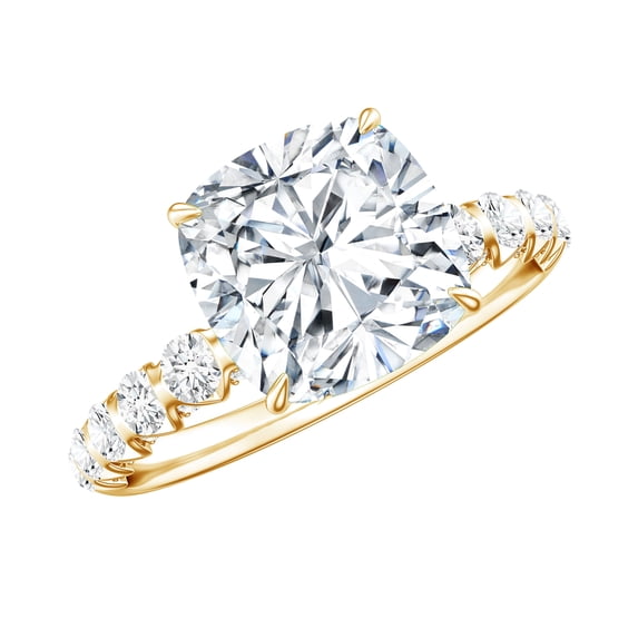 Rosec Jewels Cushion Cut Moissanite Solitaire Engagement Ring with Side Stones (8 mm, 3 ct), 14K Yellow Gold, US 4.50