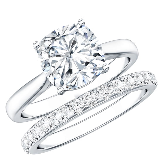 Rosec Jewels Moissanite Wedding Ring Set of 2 - Cushion Cut Engagement Ring with Enhancer - 8 mm - D-VS1 Grade, 10K White Gold, US 3.00