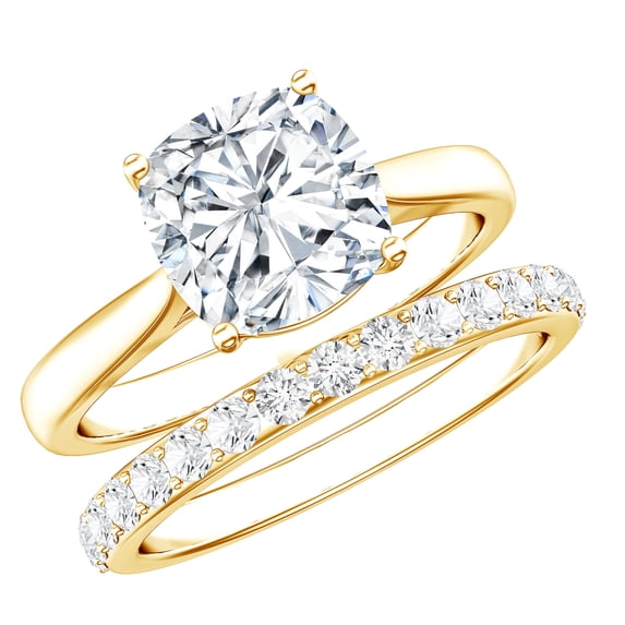 Rosec Jewels Moissanite Wedding Ring Set of 2 - Cushion Cut Engagement Ring with Enhancer - 8 mm - D-VS1 Grade, 18K Yellow Gold, US 8.50