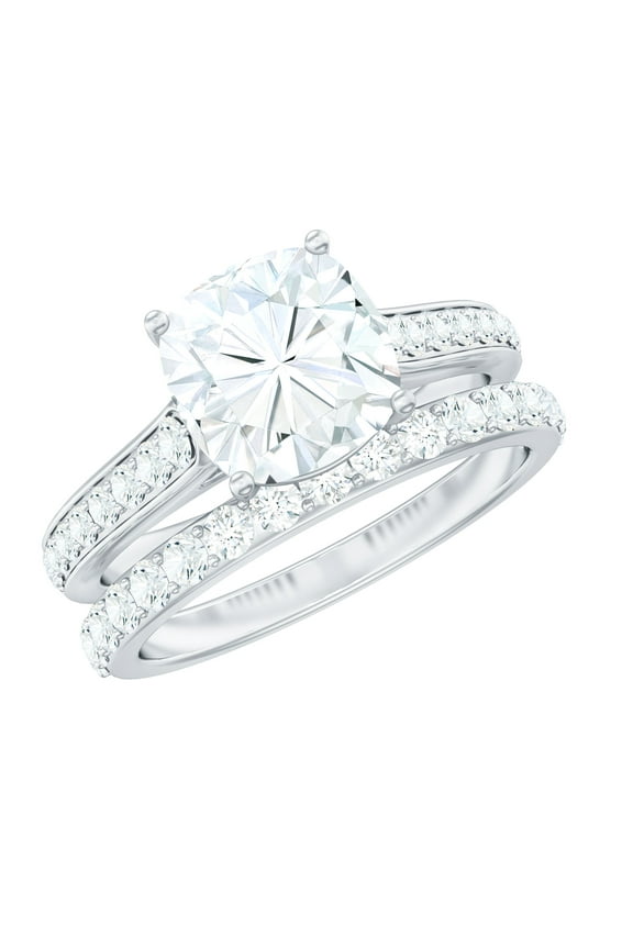 Cushion Cut Moissanite Wedding Ring Set for Women, 8 mm, D-VS1 Quality - 3 Carat Moissanite Engagement Ring with Band, 14K White Gold, US 4.00