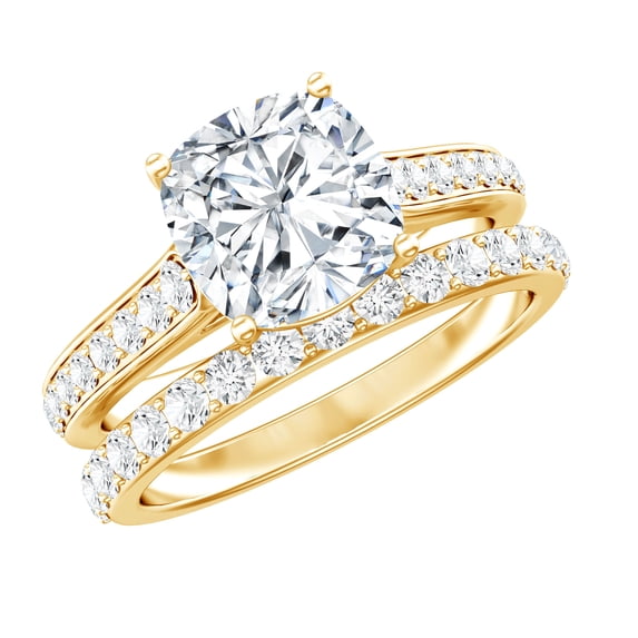 Rosec Jewels Cushion Cut Moissanite Wedding Ring Set for Women, 8 mm, D-VS1 Quality - 3 Carat Moissanite Engagement Ring with Band, 14K Yellow Gold, US 11.50