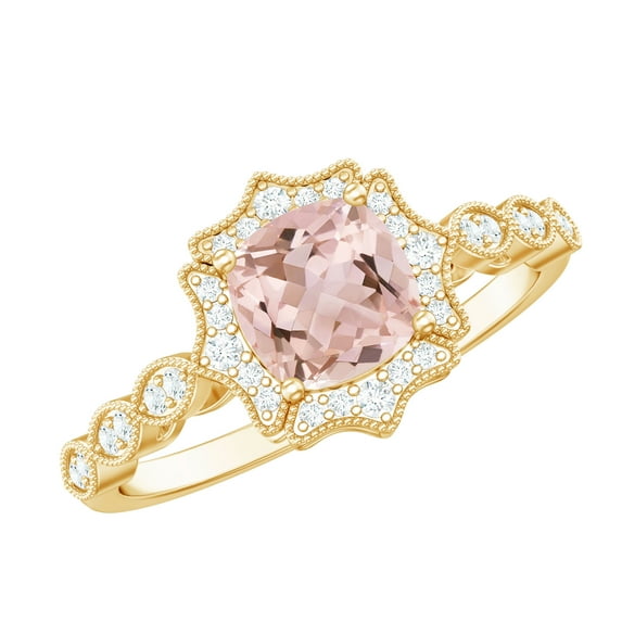 Rosec Jewels Cushion Cut Morganite Ring for Women with Diamond Halo, Vintage Inspired Ring, 14K Yellow Gold, US 4.50