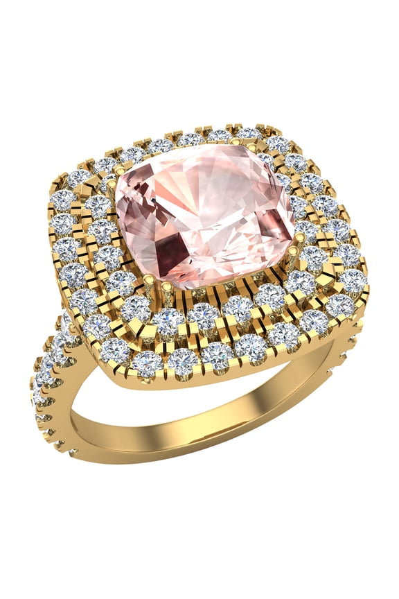 Cushion Cut Pink Morganite Double Halo Diamond Rings 14K Gold 3.0 CT TW (G,SI)