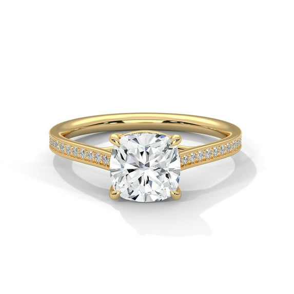 Cushion Cut Real Moissanite Ring with Pavé Band in 14K Gold Plated