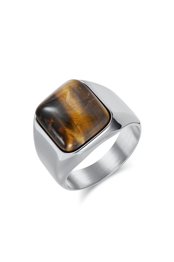 Cushion Cut Ring for Men Women, Stainless Steel Gemstone Wedding Ring Tiger Eye Ring, Size 7-13