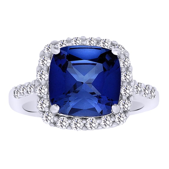 AFFY Cushion Cut Simulated Blue Sapphire & White Natural Diamond Solitaire Ring In 10k White Gold , Ring Size-10.5