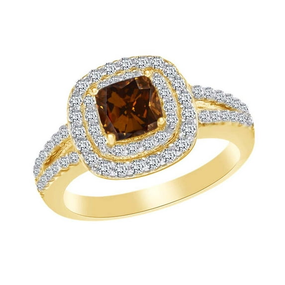AFFY Cushion Cut Simulated Brown & Round White CZ Halo Engagement Ring In 925 Sterling Silver Ring Size-11