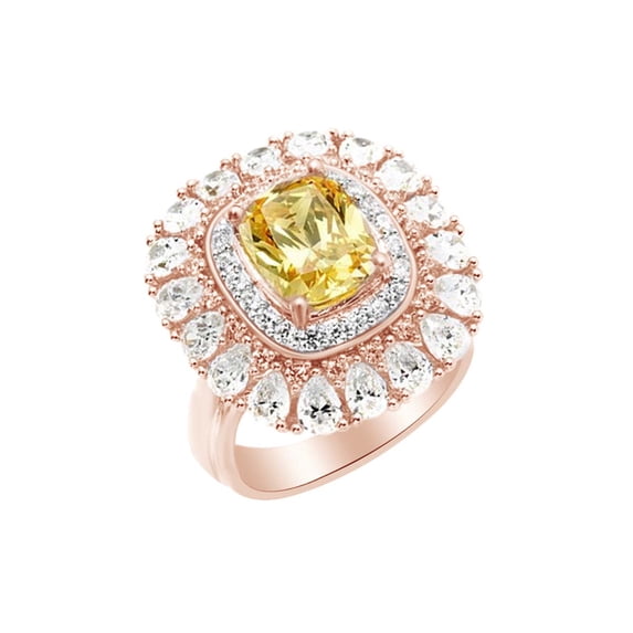 AFFY Cushion Cut Simulated Citrine & White Cubic Zirconia Floral Engagement Ring In 925 Sterling Silver (6.44 cttw) Ring Size-5