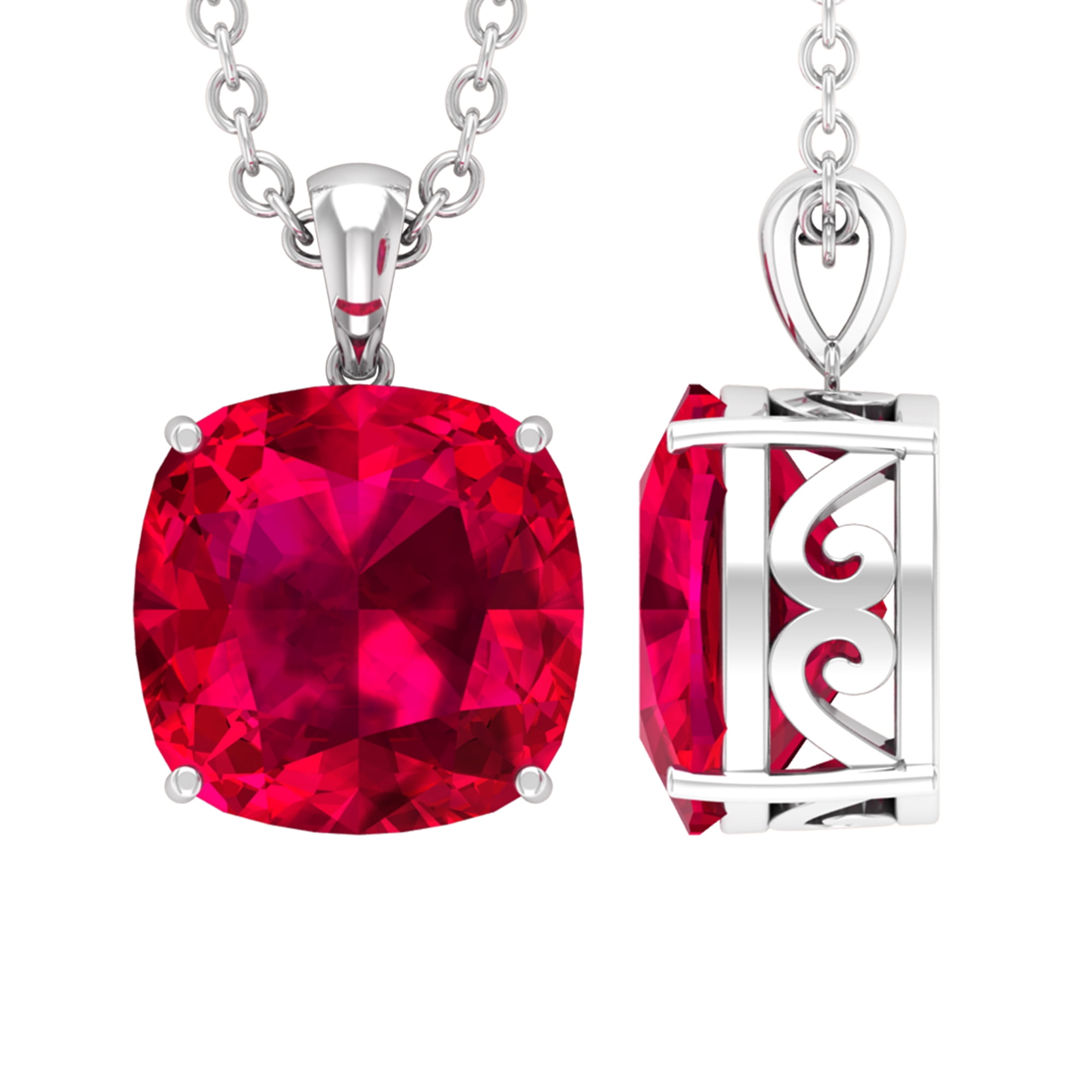 Cushion Cut Solitaire Lab Created Ruby Pendant for Women (8 mm, AAAA