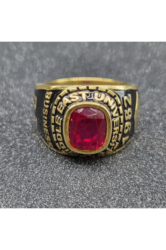Cushion Cut Vintage 1982 University Class Ring Gold Plated Red Ruby Stone Graduation 925 Sterling Silver
