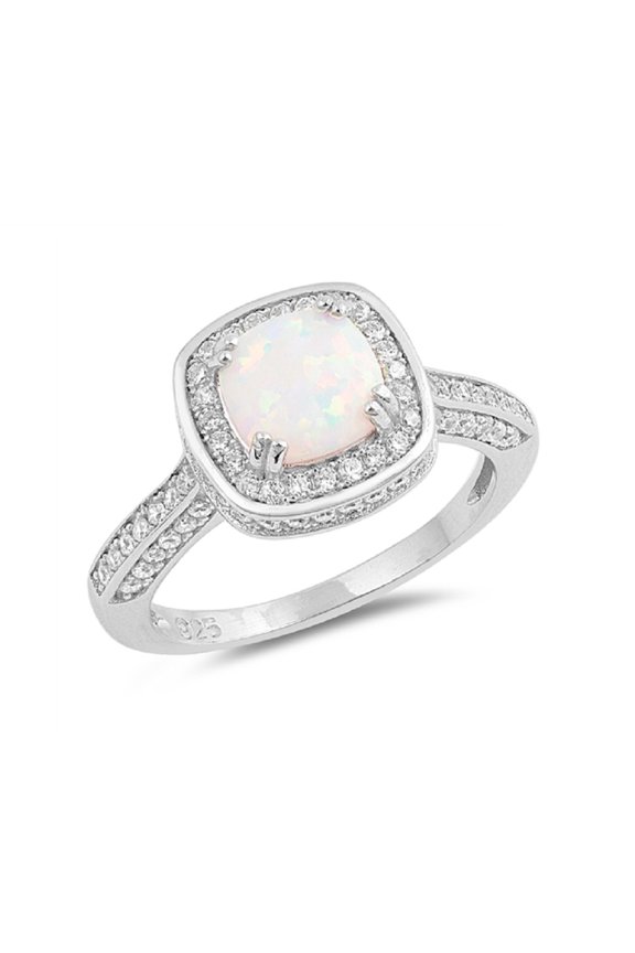 Cushion Cut White Simulated Opal Center Cubic Zirconia Mystere Ring Sterling Silver