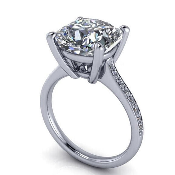 Cushion Cut Women's Engagement Ring, Solitaire With Accents Wedding Ring, 2 Ct Simulated Diamond, 14K White Gold Plated, Pave Set Anniversary Ring For Her Special Ocassion, Promise Proposal Ring