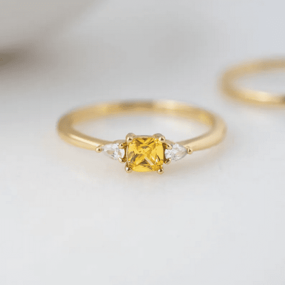 Cushion Cut Yellow Topaz & Diamond Ring in 14k Yellow Gold Vermeil - Dianty Thin Ring For Womens