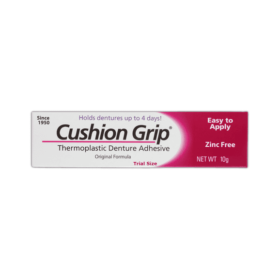 Cushion Grip Thermoplastic Denture Adhesive, 0.35 oz (Travel Size) | Refits and Tightens Loose Dentures for Up to 4 Days | Non-Glue, Zinc-Free, Waterproof Formula, Acts Like a Soft Reliner