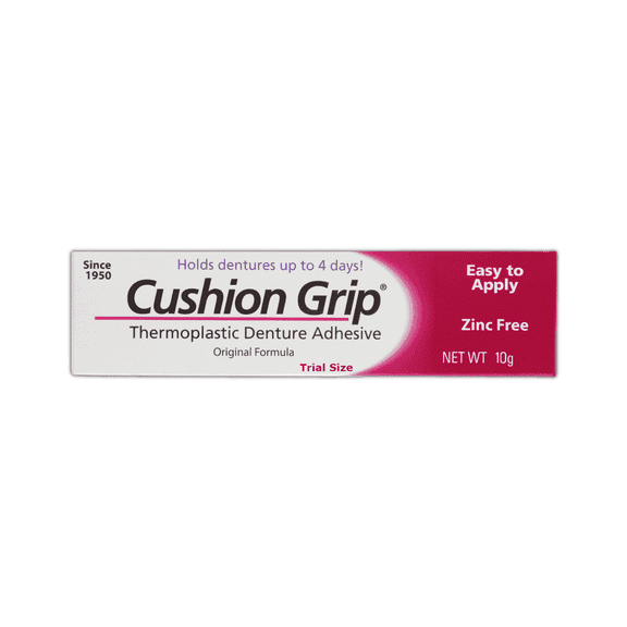 Cushion Grip Thermoplastic Denture Adhesive, 0.35 oz (Travel Size) | Refits and Tightens Loose Dentures for Up to 4 Days | Glue-Free, Zinc-Free, Waterproof, Works Like a Denture Reliner